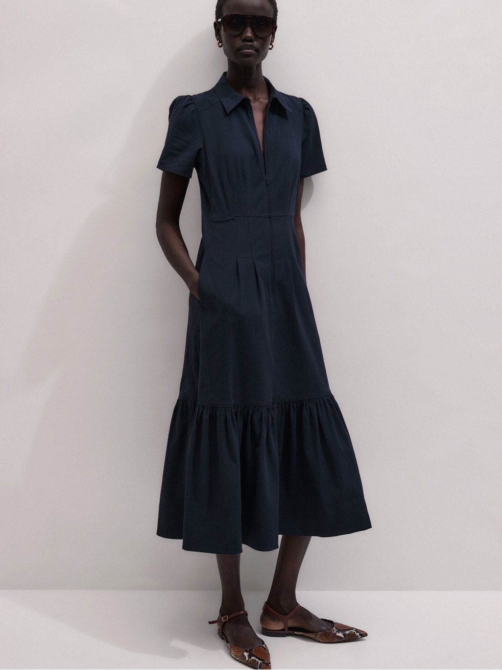 Me+Em Fit + Flare Midi Cotton Seersucker Dress Navy Blue Color Size Us 2